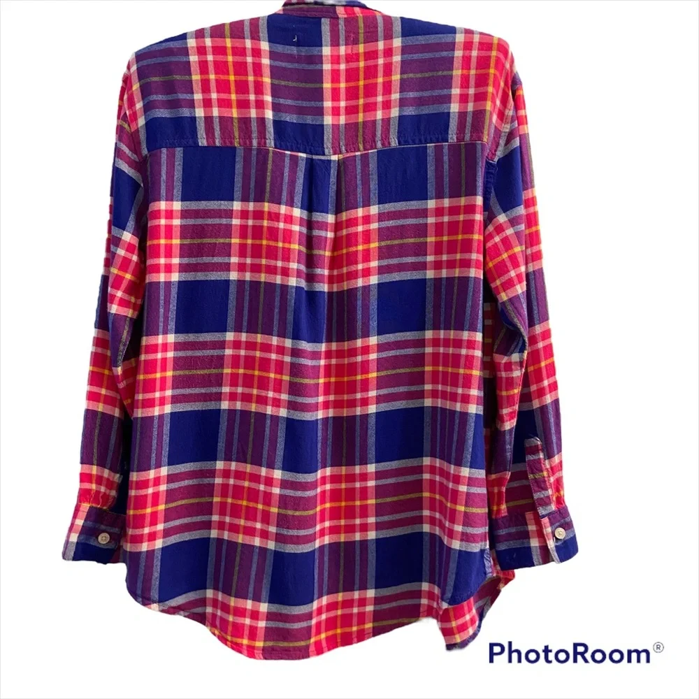 Old Navy girls 8-10 button-down Boyfriend plaid pink blue long sleeve shirt
